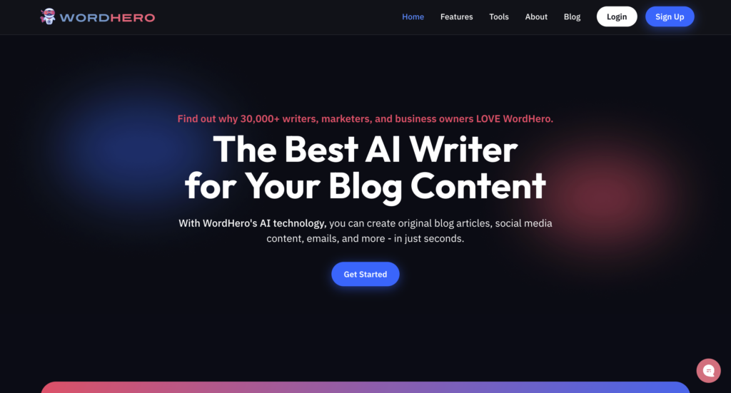 WordHero homepage showcasing its AI-powered writing tool for creating blog content, social media posts, and emails with a call-to-action button for getting started